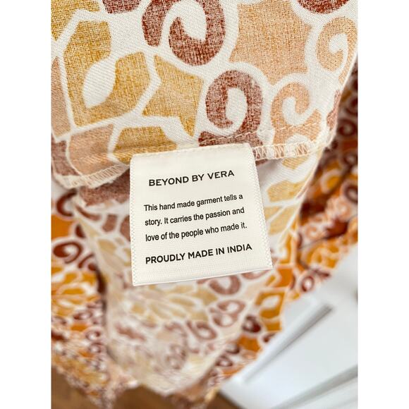 Beyond by Vera Rust Pietra Dura Block Print Midi Cotton Fall Tie Waist Dress - Picture 11 of 12